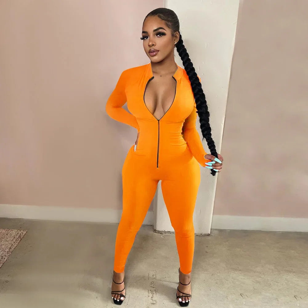 Sexy Solid Color Long Sleeve Deep V Bodycon Rompers Womens Jumpsuit Sport Suit Fashion Zip Up Long Pants Overalls Fitness Set