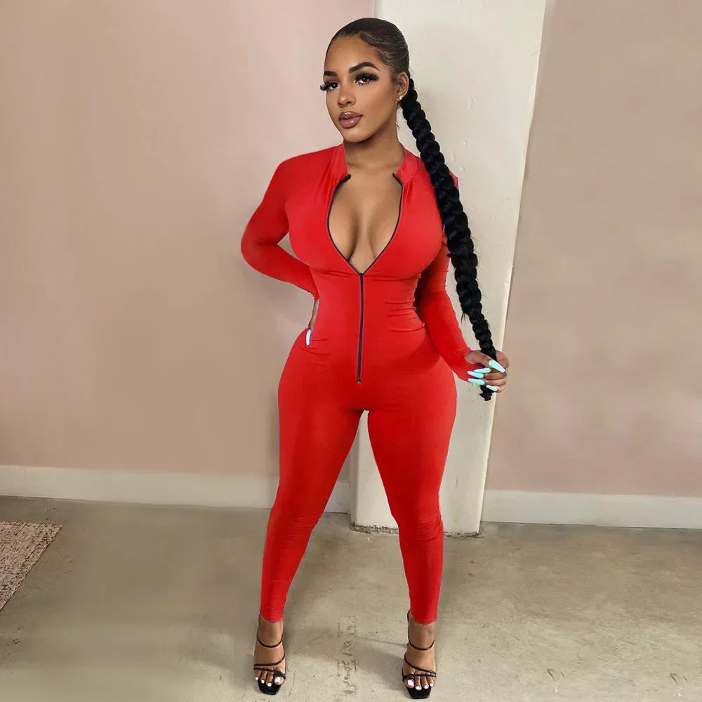 Sexy Solid Color Long Sleeve Deep V Bodycon Rompers Womens Jumpsuit Sport Suit Fashion Zip Up Long Pants Overalls Fitness Set