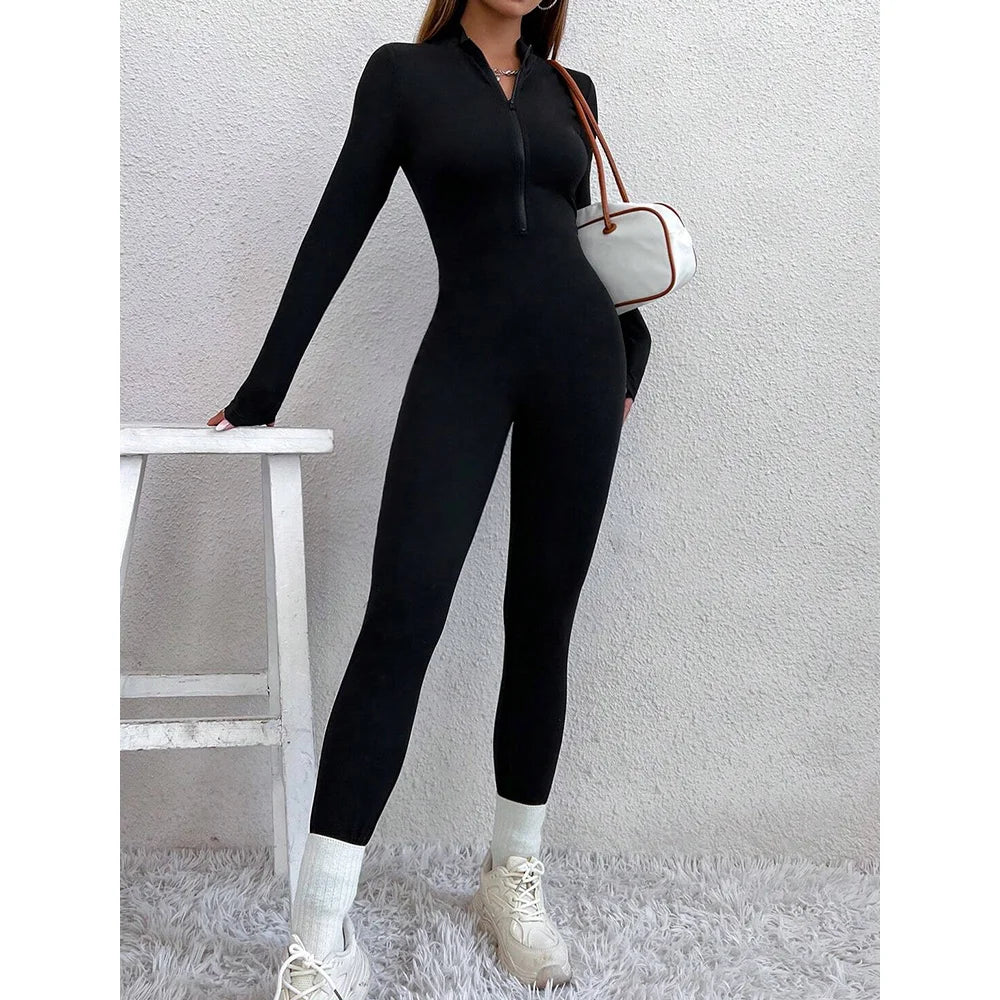 Mia Muse Women's Jumpsuits Autumn Winter Fitting Slim Plain Zipper Long Sleeve Stand Collar Ankle Basics Jumpsuits