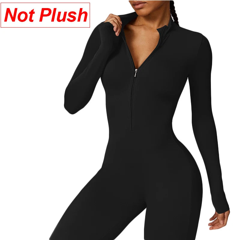 Warm Plush Sports Jumpsuits Women's Tracksuit One-Piece Fitness Suit Winter Gym Sets Long Sleeves Black Exercise Bodysuit Woman