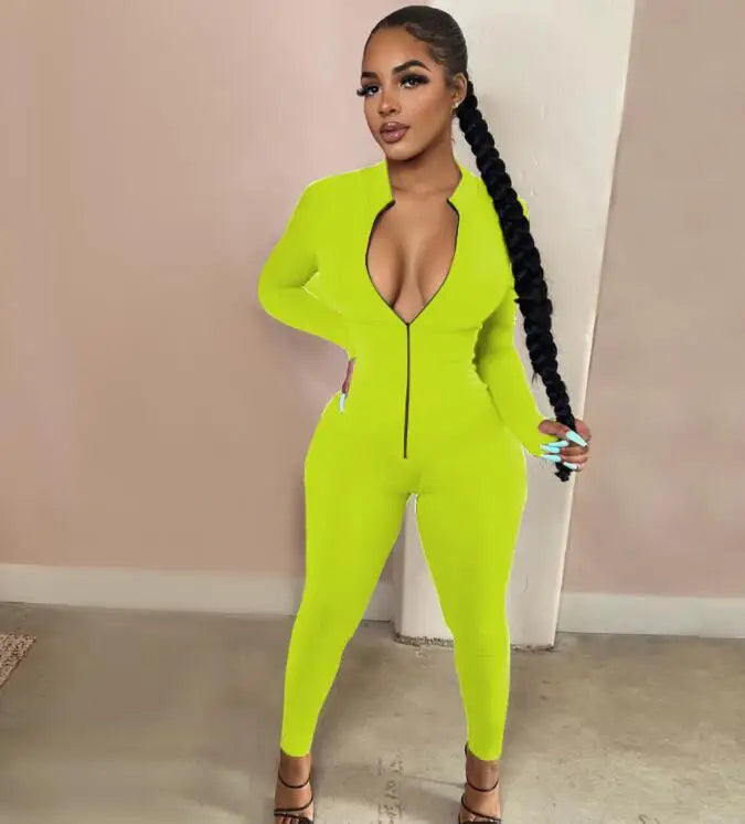 Sexy Solid Color Long Sleeve Deep V Bodycon Rompers Womens Jumpsuit Sport Suit Fashion Zip Up Long Pants Overalls Fitness Set