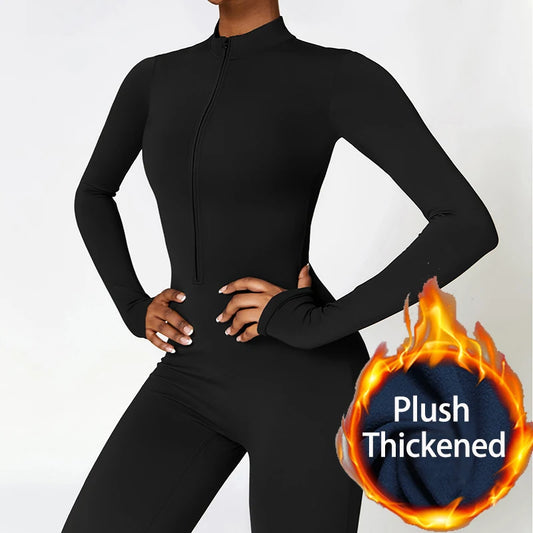 Warm Plush Sports Jumpsuits Women's Tracksuit One-Piece Fitness Suit Winter Gym Sets Long Sleeves Black Exercise Bodysuit Woman