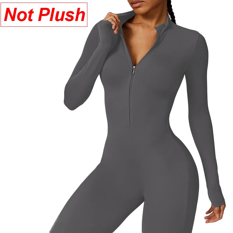 Warm Plush Sports Jumpsuits Women's Tracksuit One-Piece Fitness Suit Winter Gym Sets Long Sleeves Black Exercise Bodysuit Woman