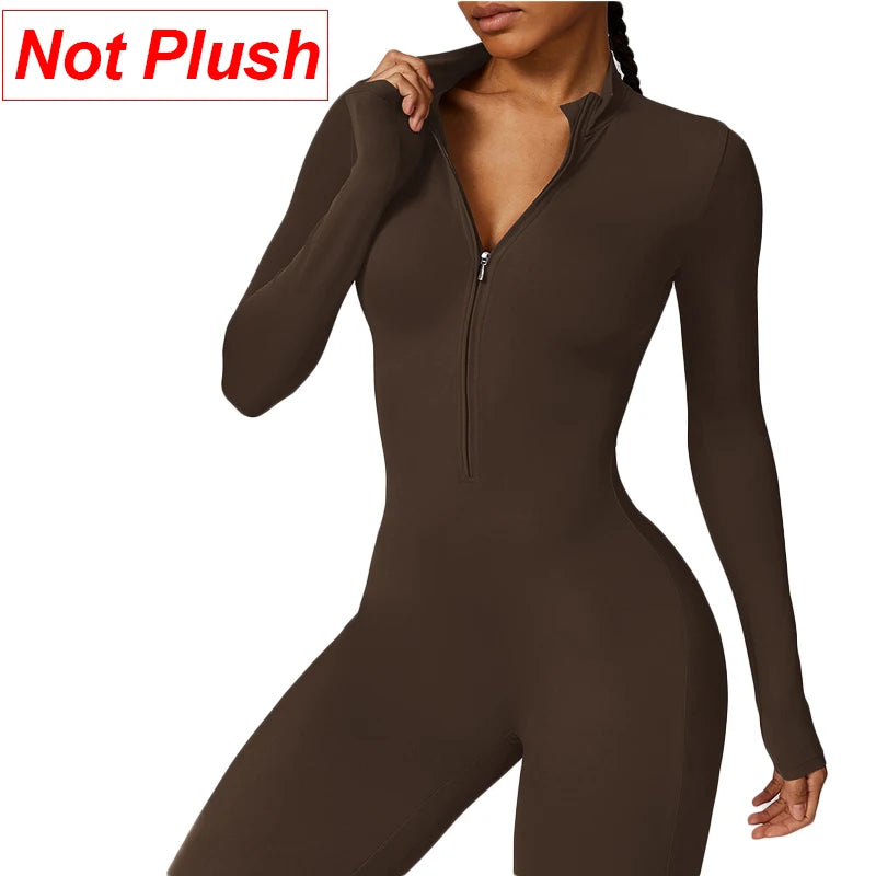 Warm Plush Sports Jumpsuits Women's Tracksuit One-Piece Fitness Suit Winter Gym Sets Long Sleeves Black Exercise Bodysuit Woman