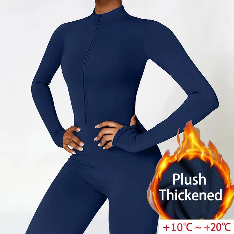 Warm Plush Sports Jumpsuits Women's Tracksuit One-Piece Fitness Suit Winter Gym Sets Long Sleeves Black Exercise Bodysuit Woman