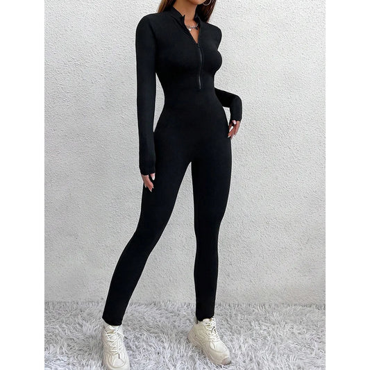 Mia Muse Women's Jumpsuits Autumn Winter Fitting Slim Plain Zipper Long Sleeve Stand Collar Ankle Basics Jumpsuits