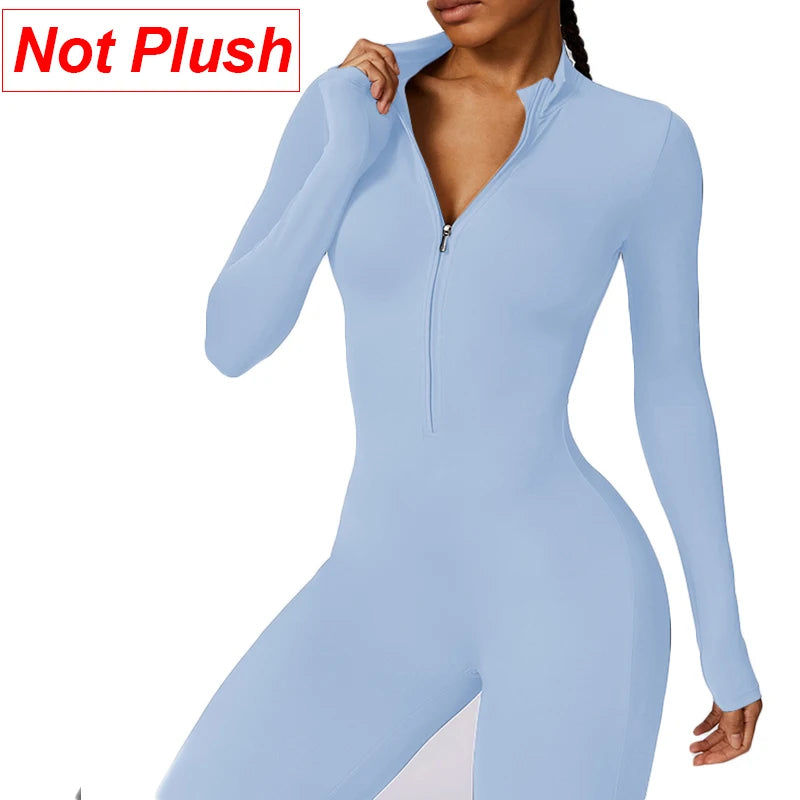 Warm Plush Sports Jumpsuits Women's Tracksuit One-Piece Fitness Suit Winter Gym Sets Long Sleeves Black Exercise Bodysuit Woman