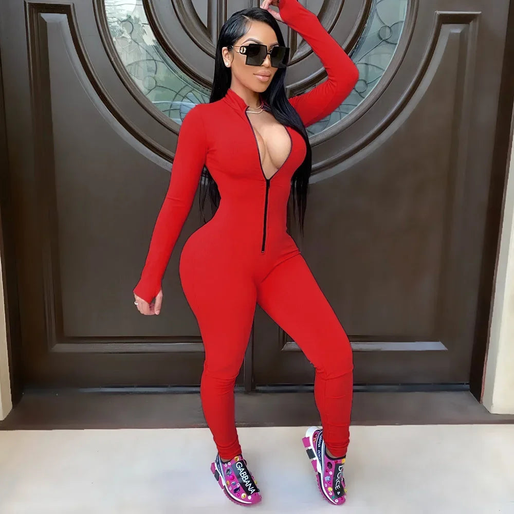 Sexy Solid Color Long Sleeve Deep V Bodycon Rompers Womens Jumpsuit Sport Suit Fashion Zip Up Long Pants Overalls Fitness Set