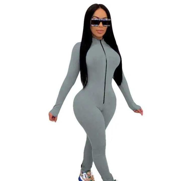 Sexy Solid Color Long Sleeve Deep V Bodycon Rompers Womens Jumpsuit Sport Suit Fashion Zip Up Long Pants Overalls Fitness Set