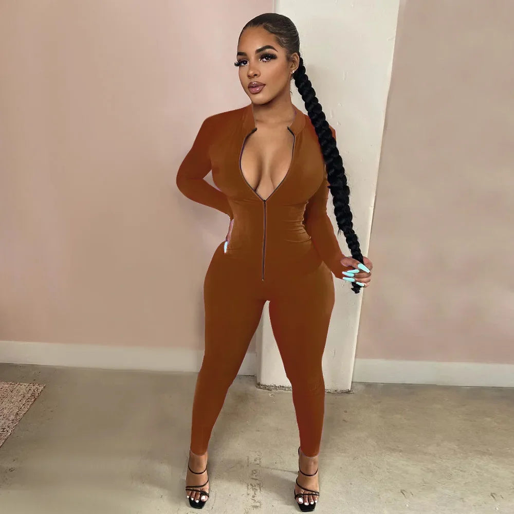 Sexy Solid Color Long Sleeve Deep V Bodycon Rompers Womens Jumpsuit Sport Suit Fashion Zip Up Long Pants Overalls Fitness Set