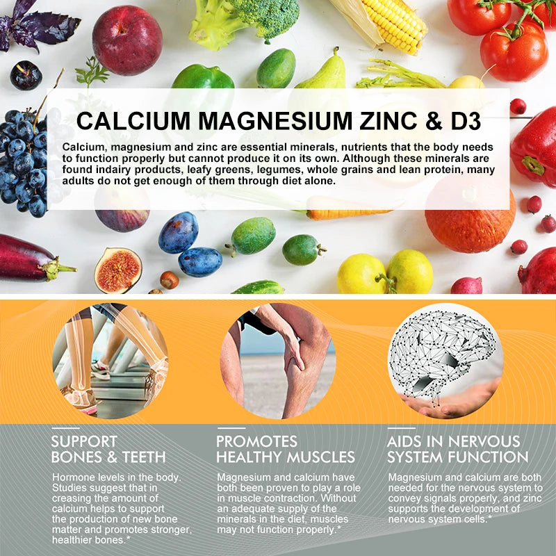 Calcium Magnesium Zinc Capsules, with Vitamin D3 for Strong Bones Teeth Heart Nerve Increase Immune System Function Supplement