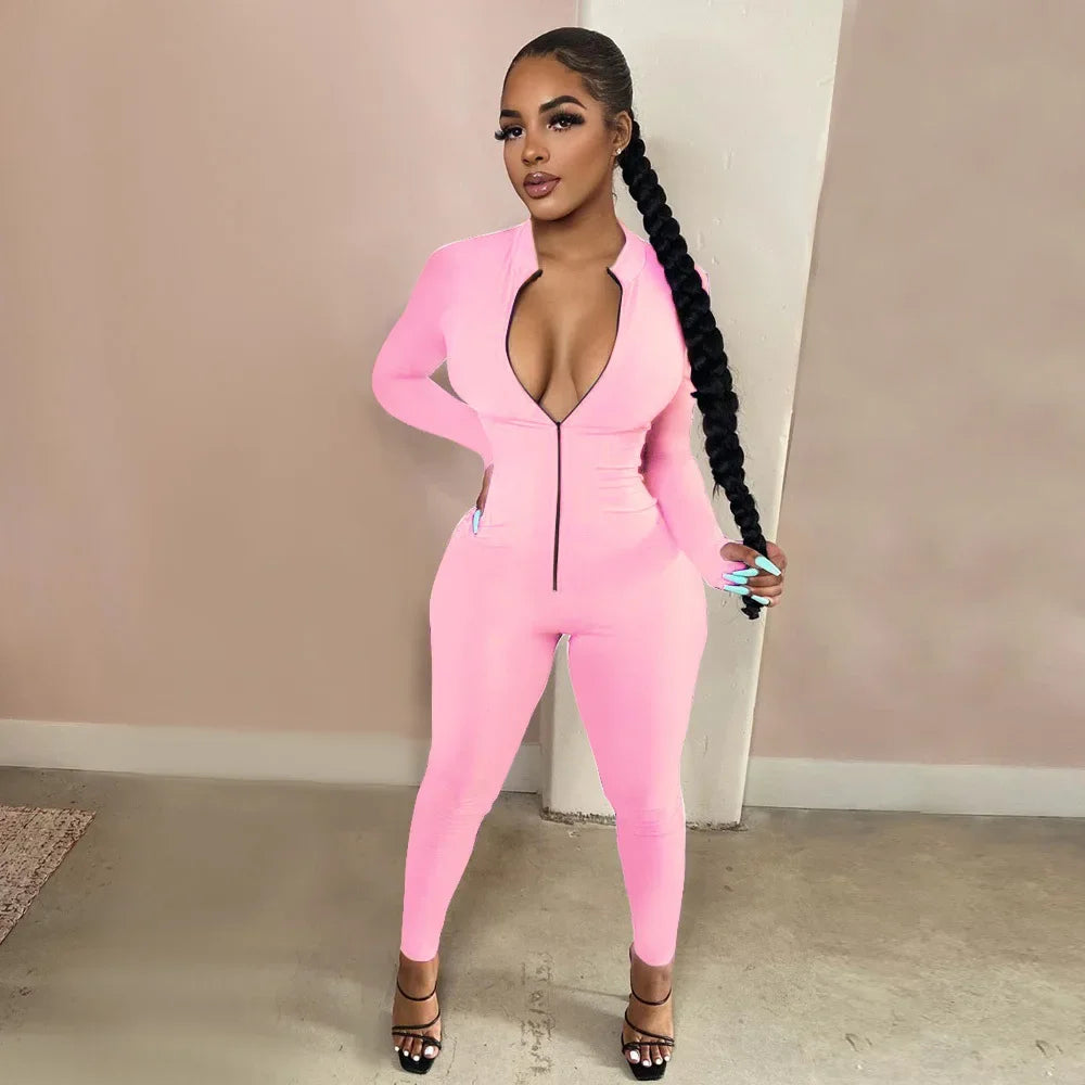 Sexy Solid Color Long Sleeve Deep V Bodycon Rompers Womens Jumpsuit Sport Suit Fashion Zip Up Long Pants Overalls Fitness Set