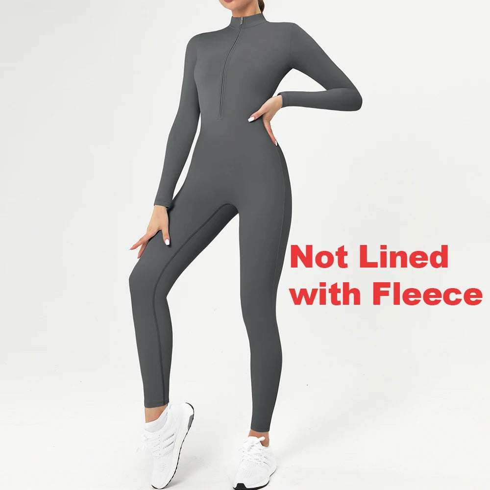 Warm Longsleeve Jumpsuts Women Thickened Sport Overalls Gym Set Zipper Fitness Bodysuits Winter Jumpsuit Workout Tracksuit