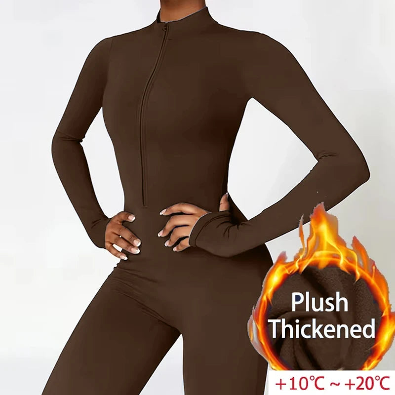 Warm Plush Sports Jumpsuits Women's Tracksuit One-Piece Fitness Suit Winter Gym Sets Long Sleeves Black Exercise Bodysuit Woman